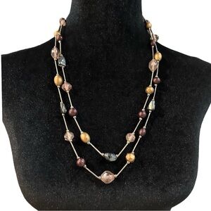 Vintage Double Strand Necklace Mixed Beads Silver Green Gold Purple Adjustable L